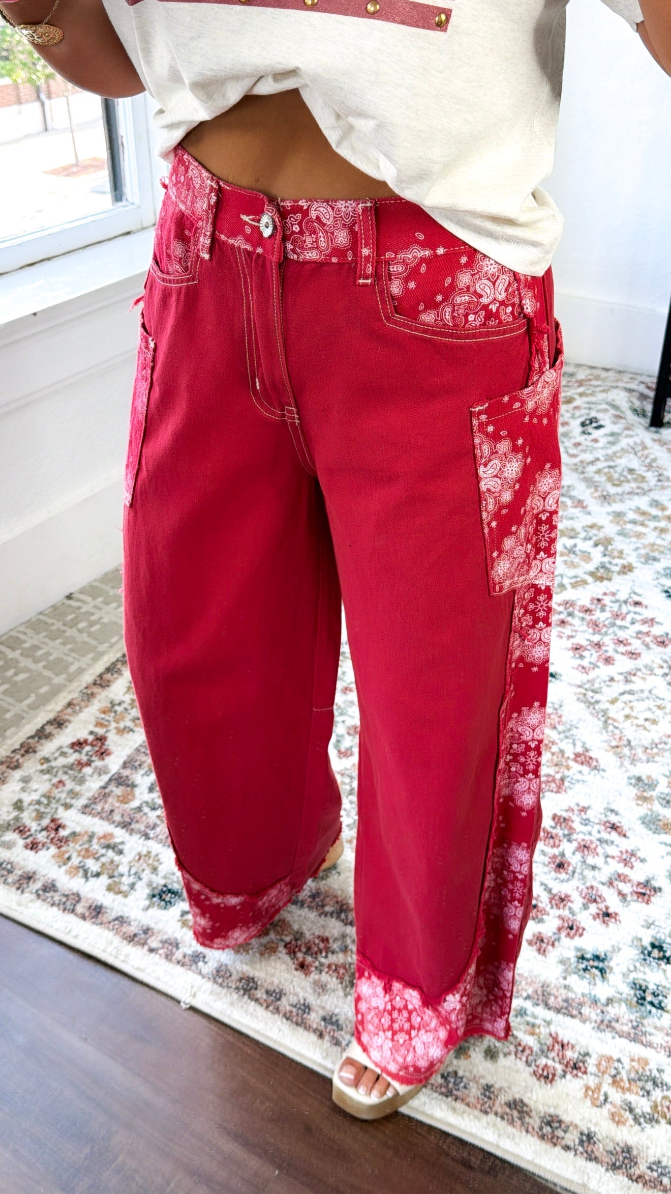 Relaxed Paisley Patch Pants, Red Multi