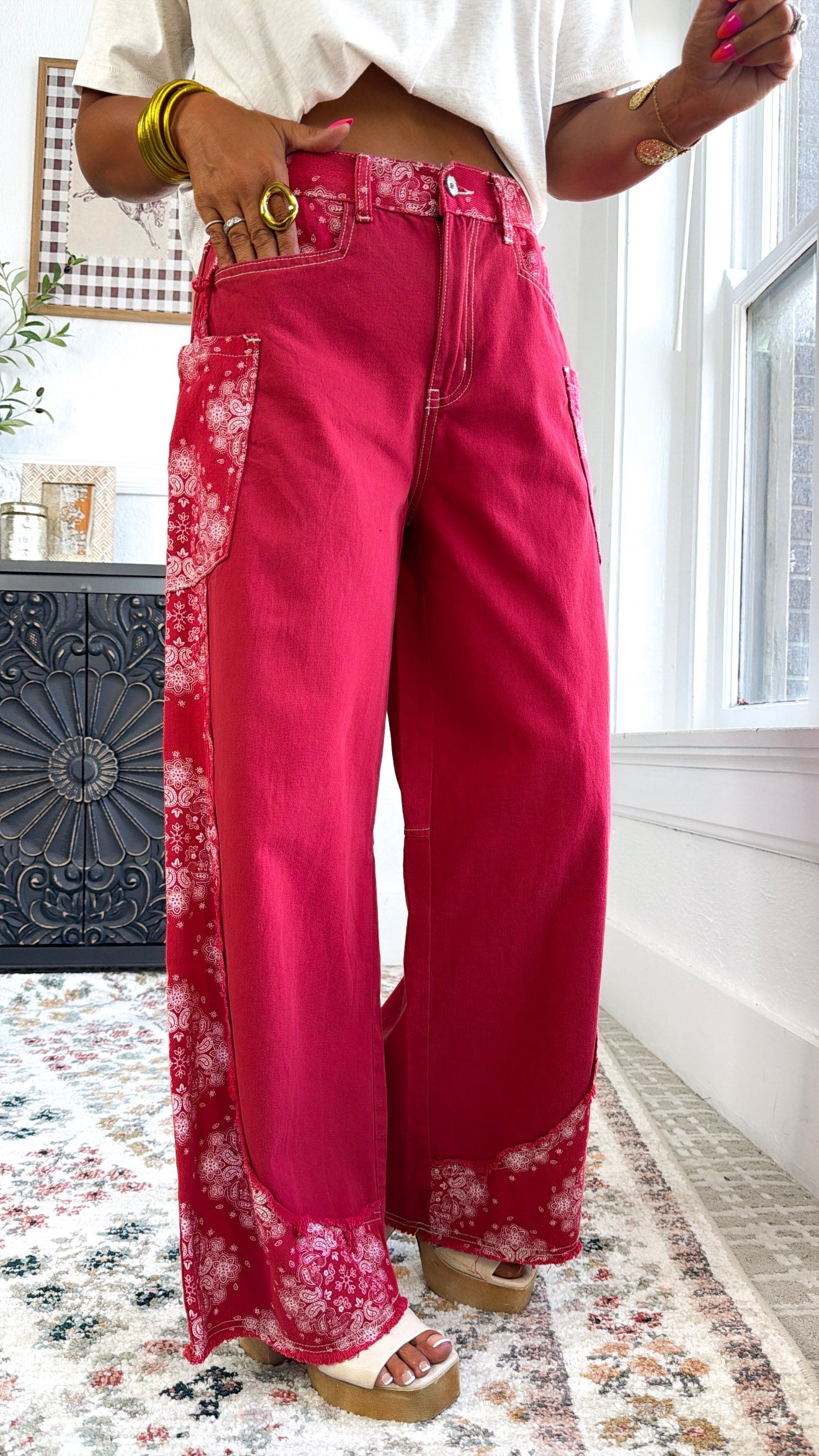 Relaxed Paisley Patch Pants, Red Multi