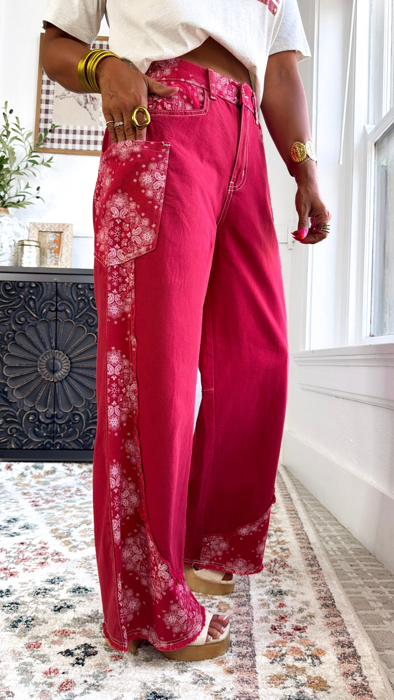 Relaxed Paisley Patch Pants, Red Multi