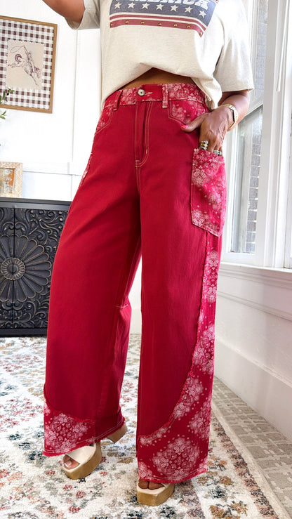 Relaxed Paisley Patch Pants, Red Multi