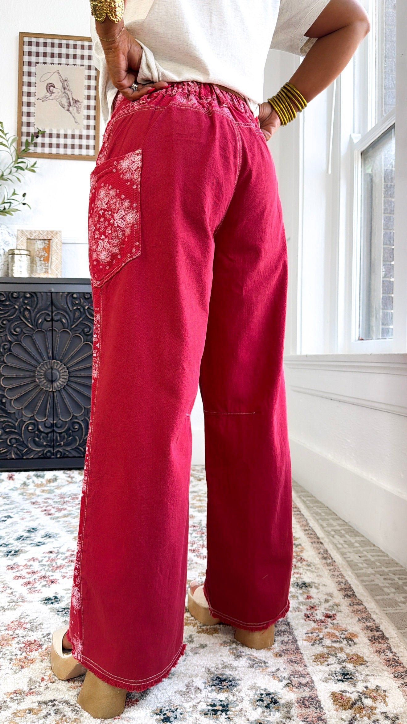 Relaxed Paisley Patch Pants, Red Multi