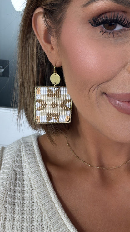 Square Geo Beaded Earrings, Beige