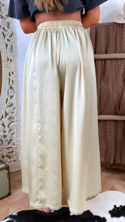 Satin Lace Trim Flowy Pants, Creamy Light Yellow