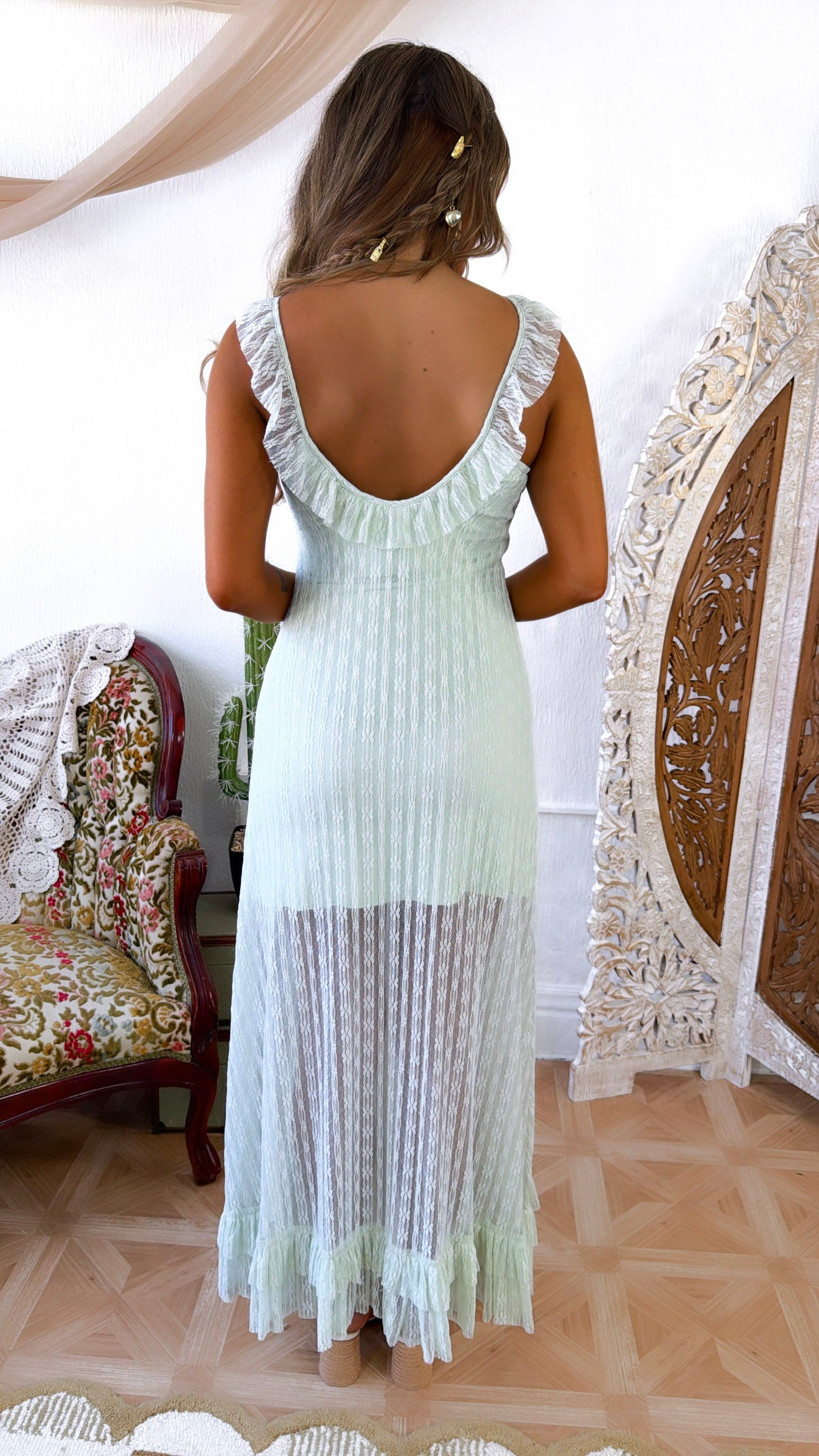 Semmi Ruffle Maxi Dress, Sage