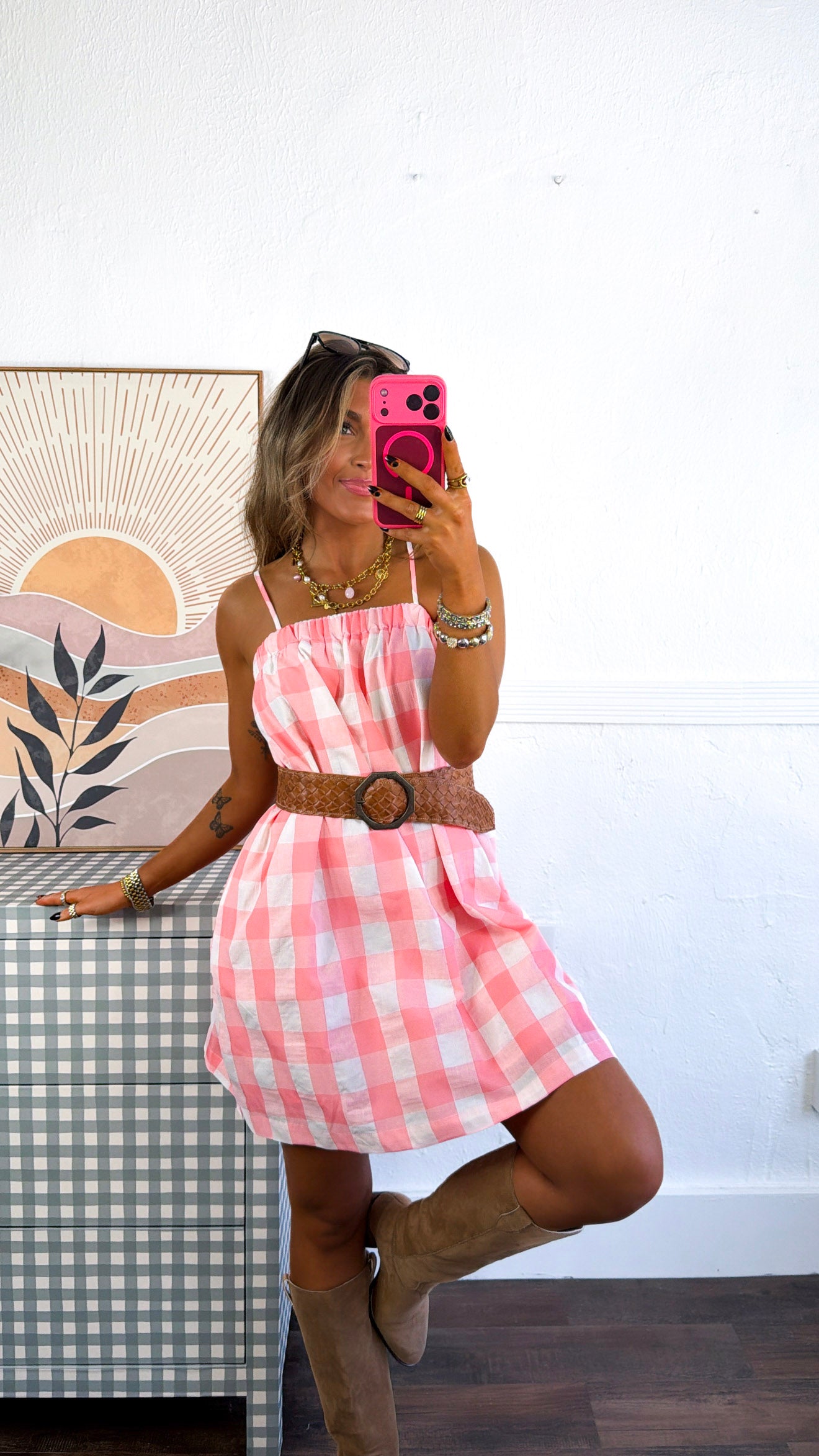Waterfront Picnic Mini Dress, Melon/White