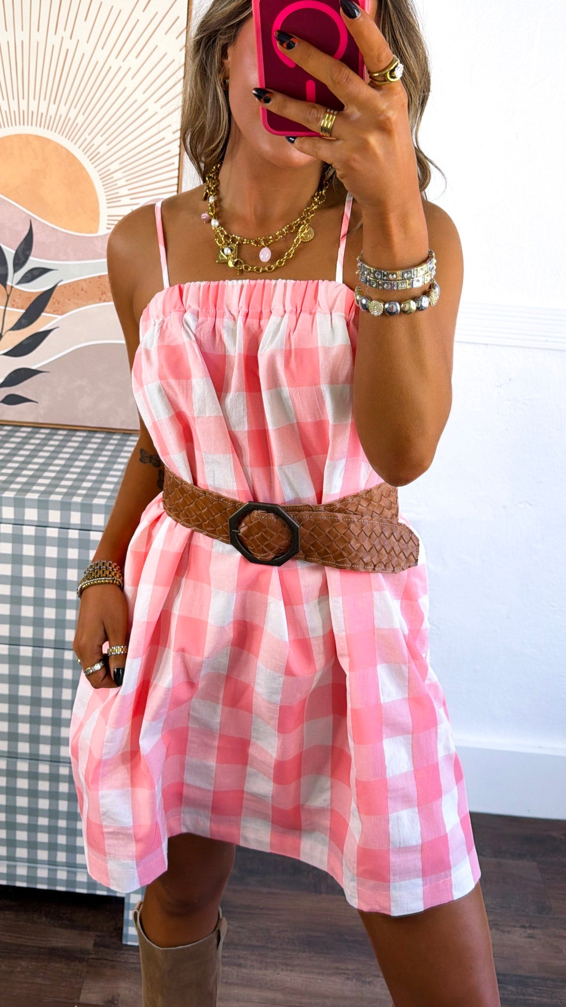 Waterfront Picnic Mini Dress, Melon/White