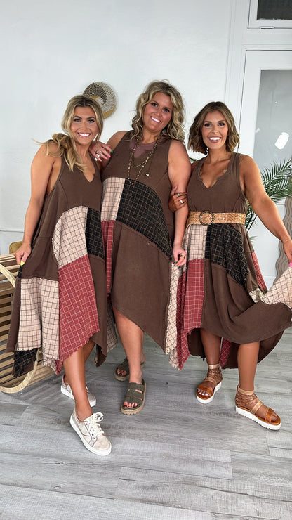 Rustic Patchwork A Symmetrical Dress, Mocha Brown