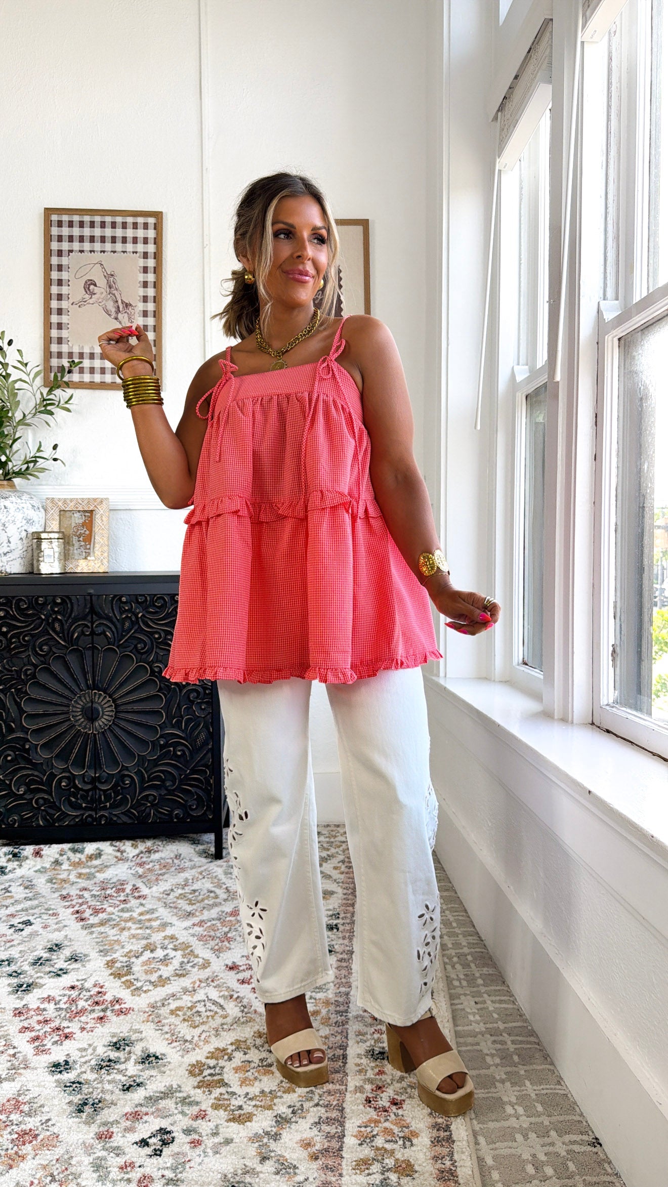 Sweet Clementine Ruffled Top, Orange/Pink