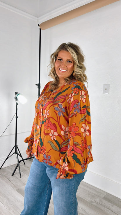 Standout  Long Sleeve Floral Blouse, Camel