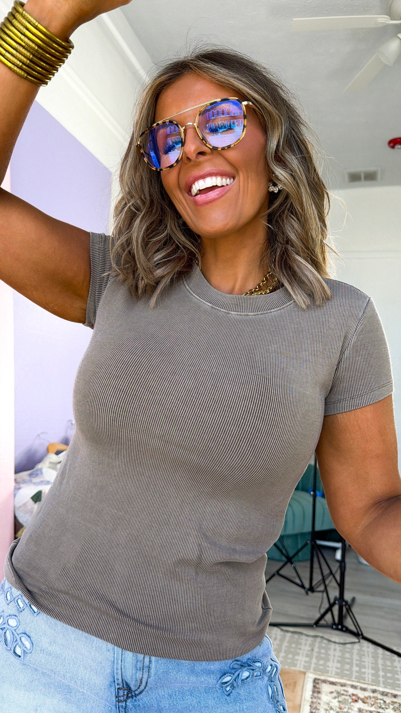 Simple Ribbed Tee Shirt, Cappuccino