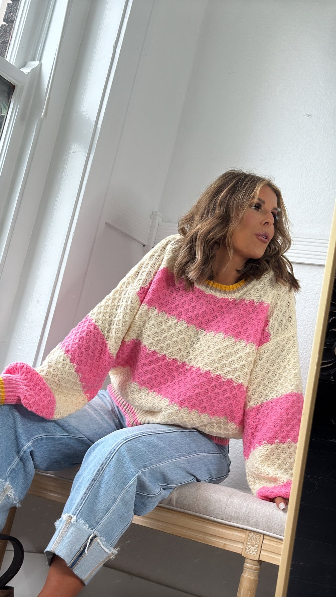Sweetheart Stitch Sweater, Pink Stripe