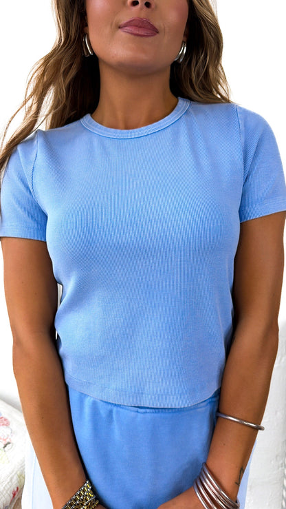 Simply Ribbed Cropped Tee, Aqua Splash