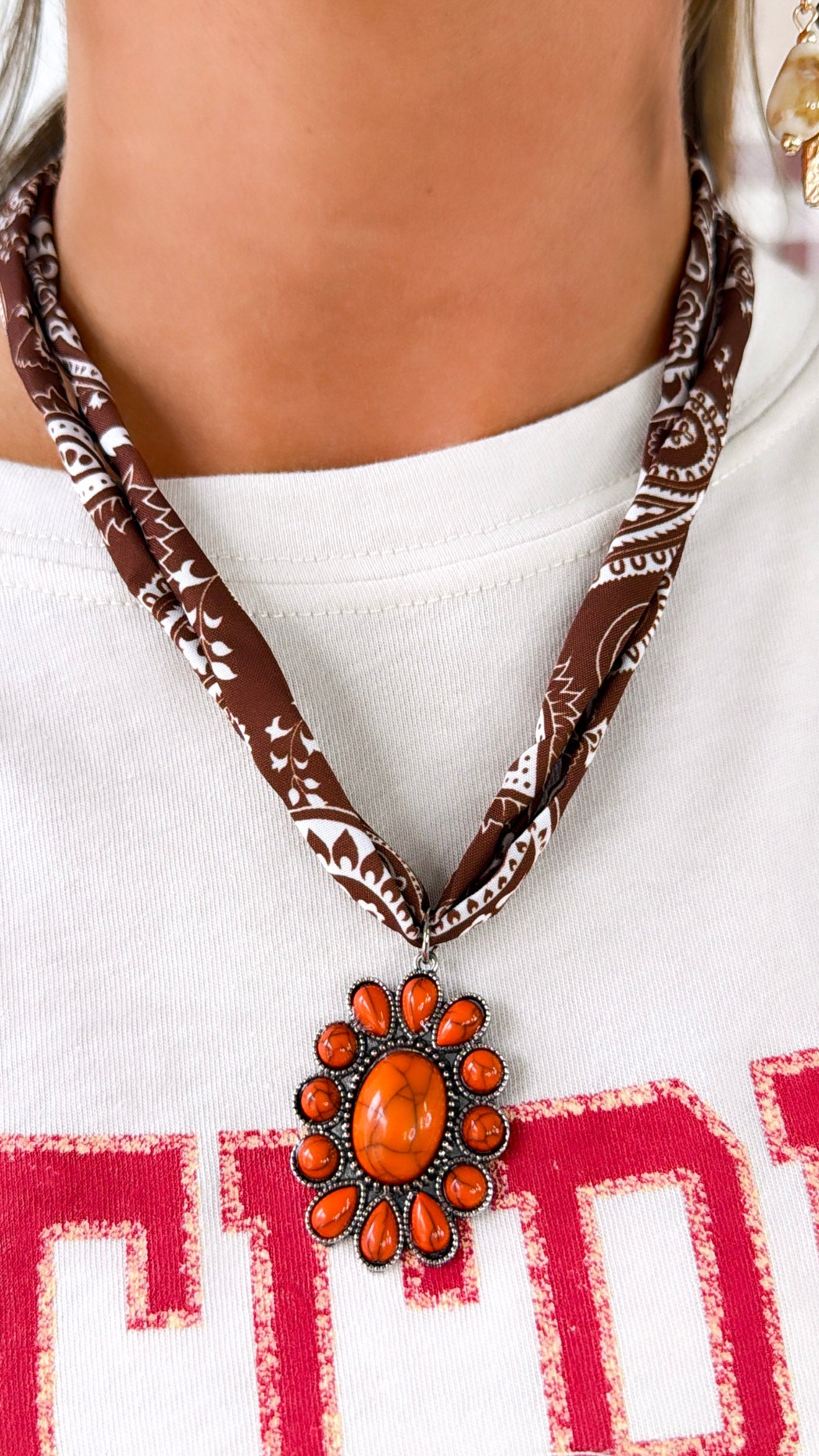 Silk Scarf Stone Necklace, Orange