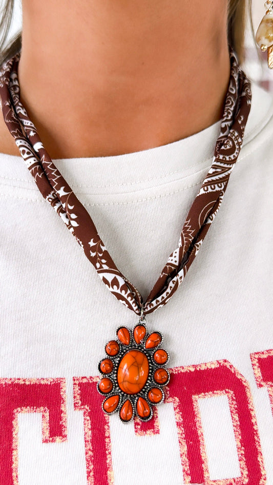 Silk Scarf Stone Necklace, Orange
