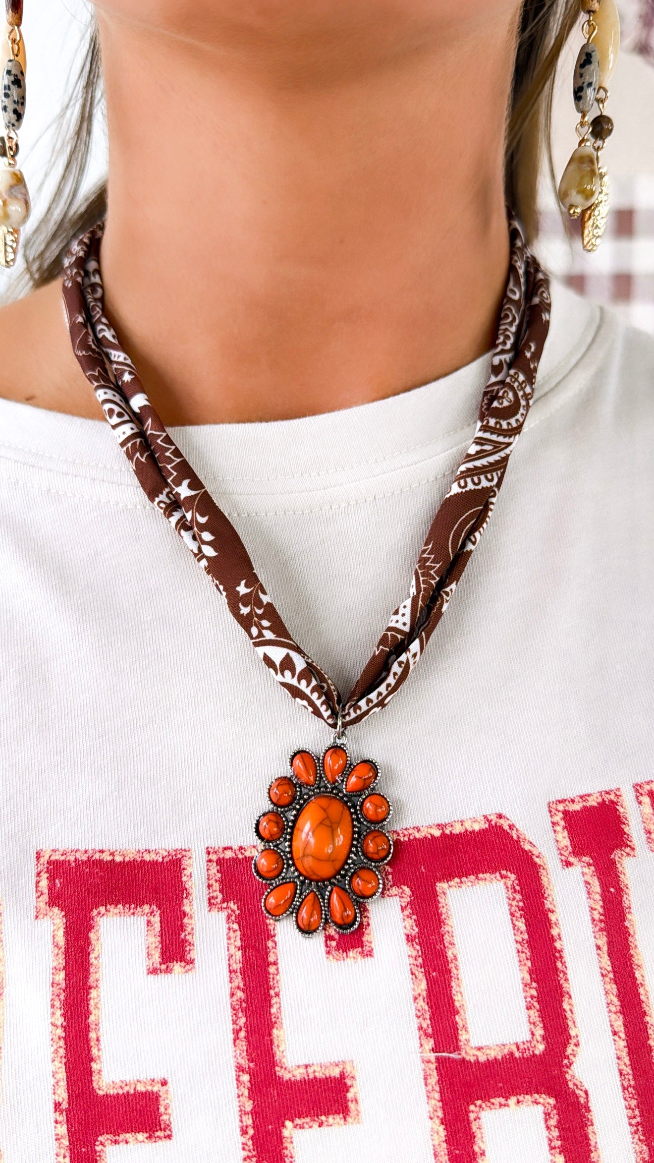 Silk Scarf Stone Necklace, Orange