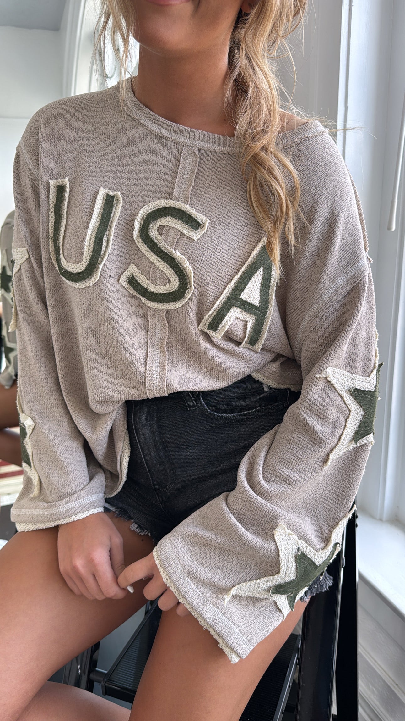 USA Distressed Light Weight Long Sleeve Top, Mocha