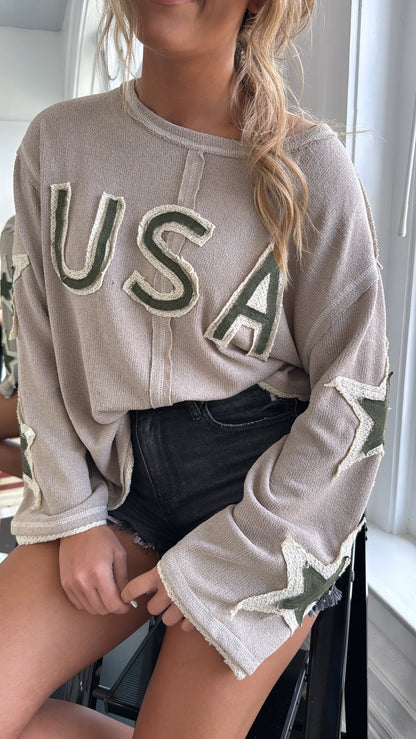 USA Distressed Light Weight Long Sleeve Top, Mocha