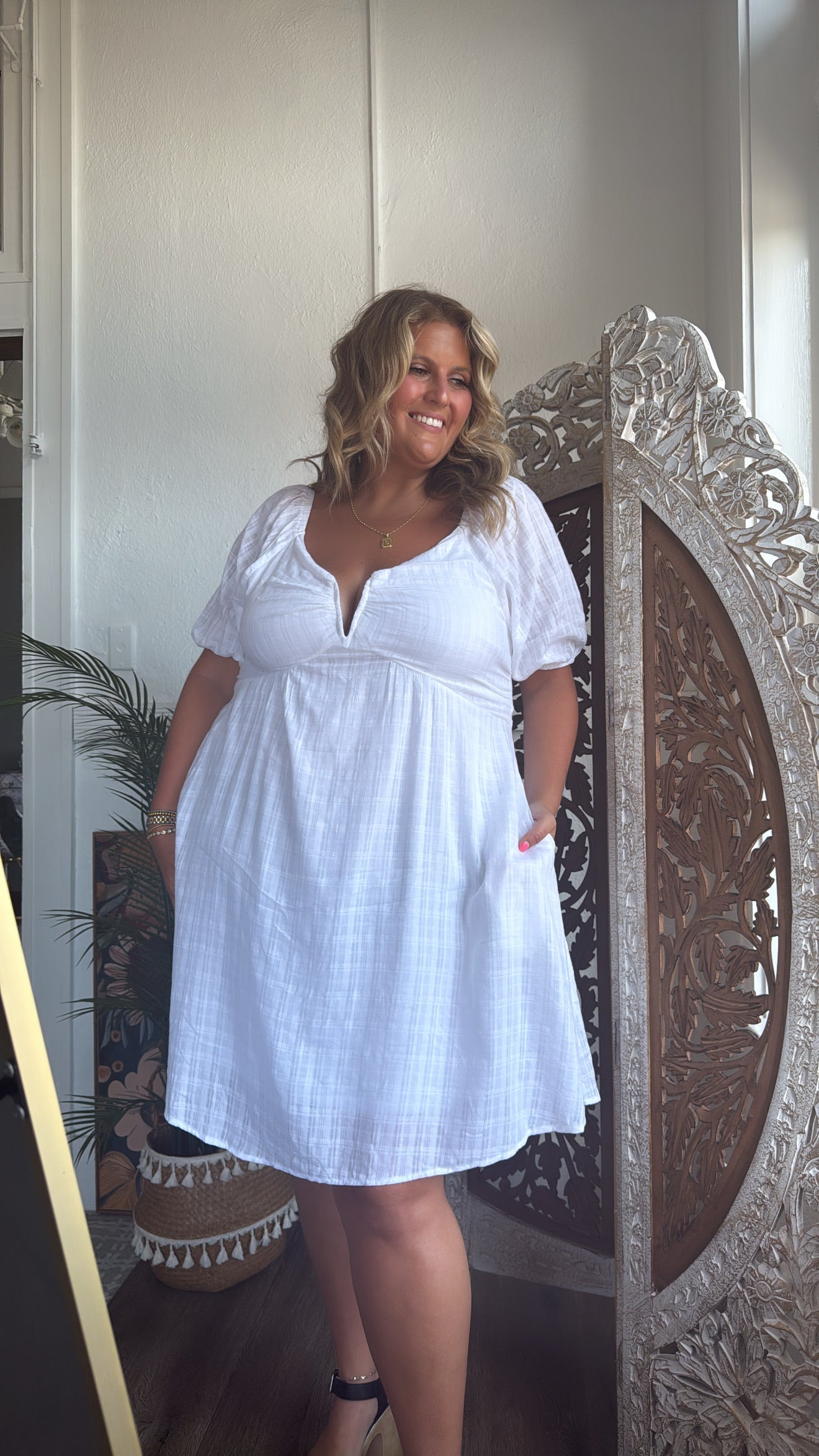 True Beauty Bubble Sleeve Mini Dress, White