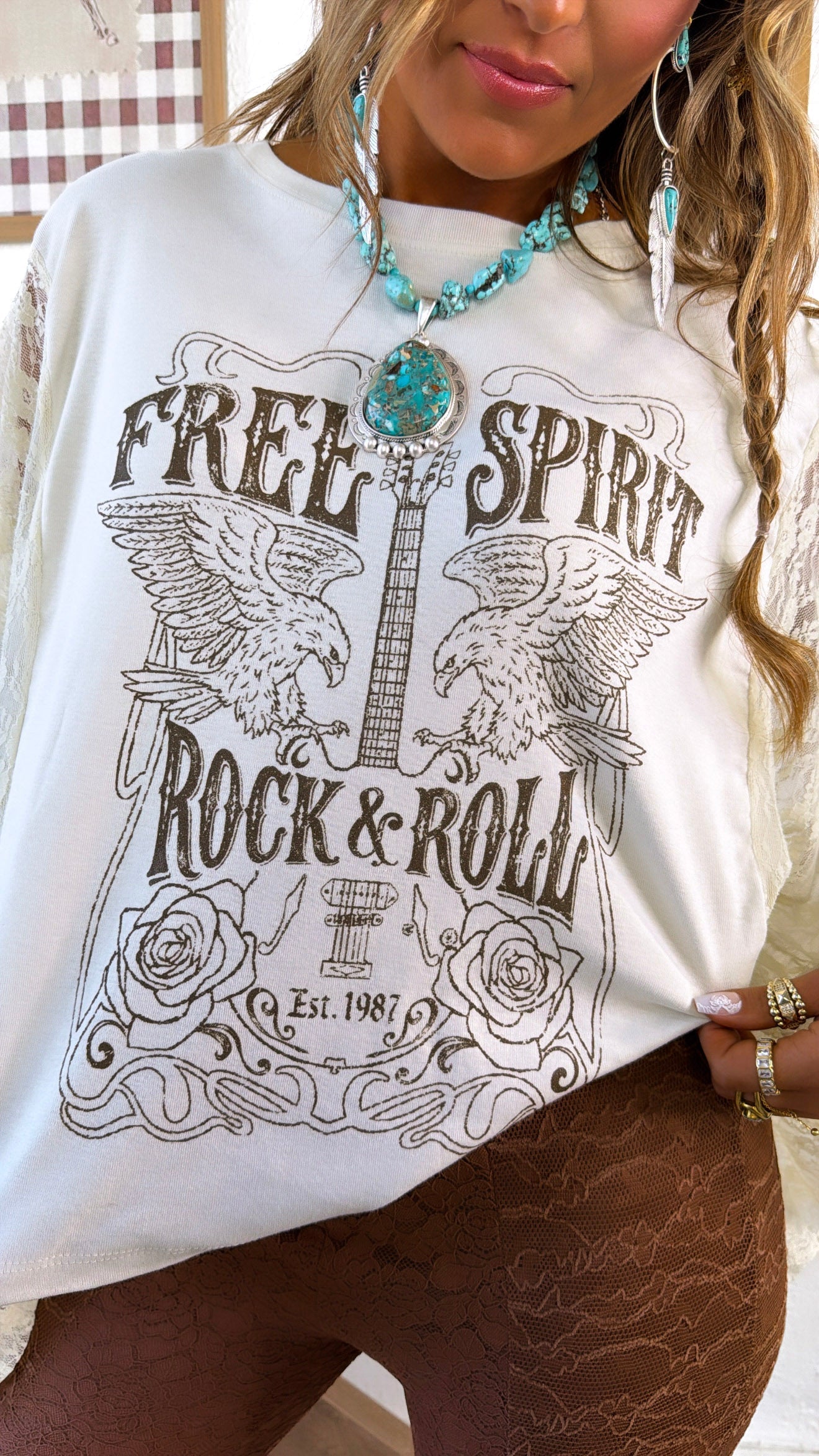 Rock & Roll Graphic Lace Sleeve Tee, Bone