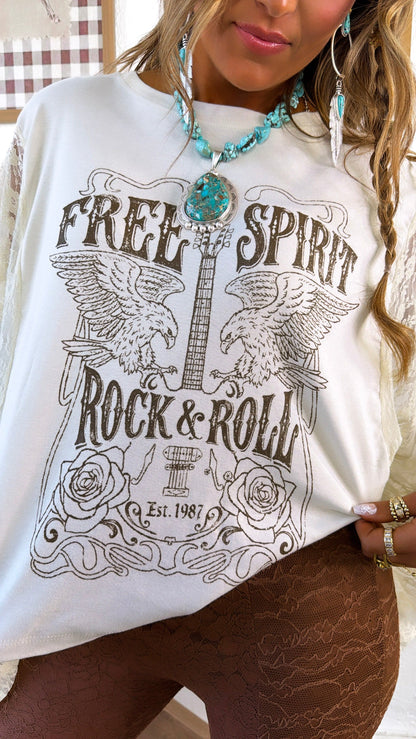 Rock & Roll Graphic Lace Sleeve Tee, Bone