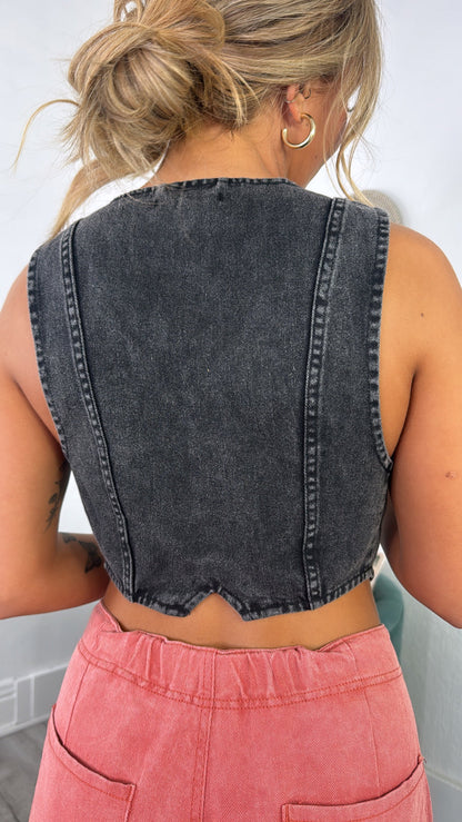 Western Vintage Washed Denim Vest, Black
