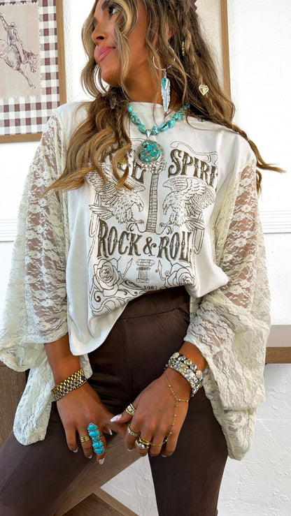 Rock & Roll Graphic Lace Sleeve Tee, Bone