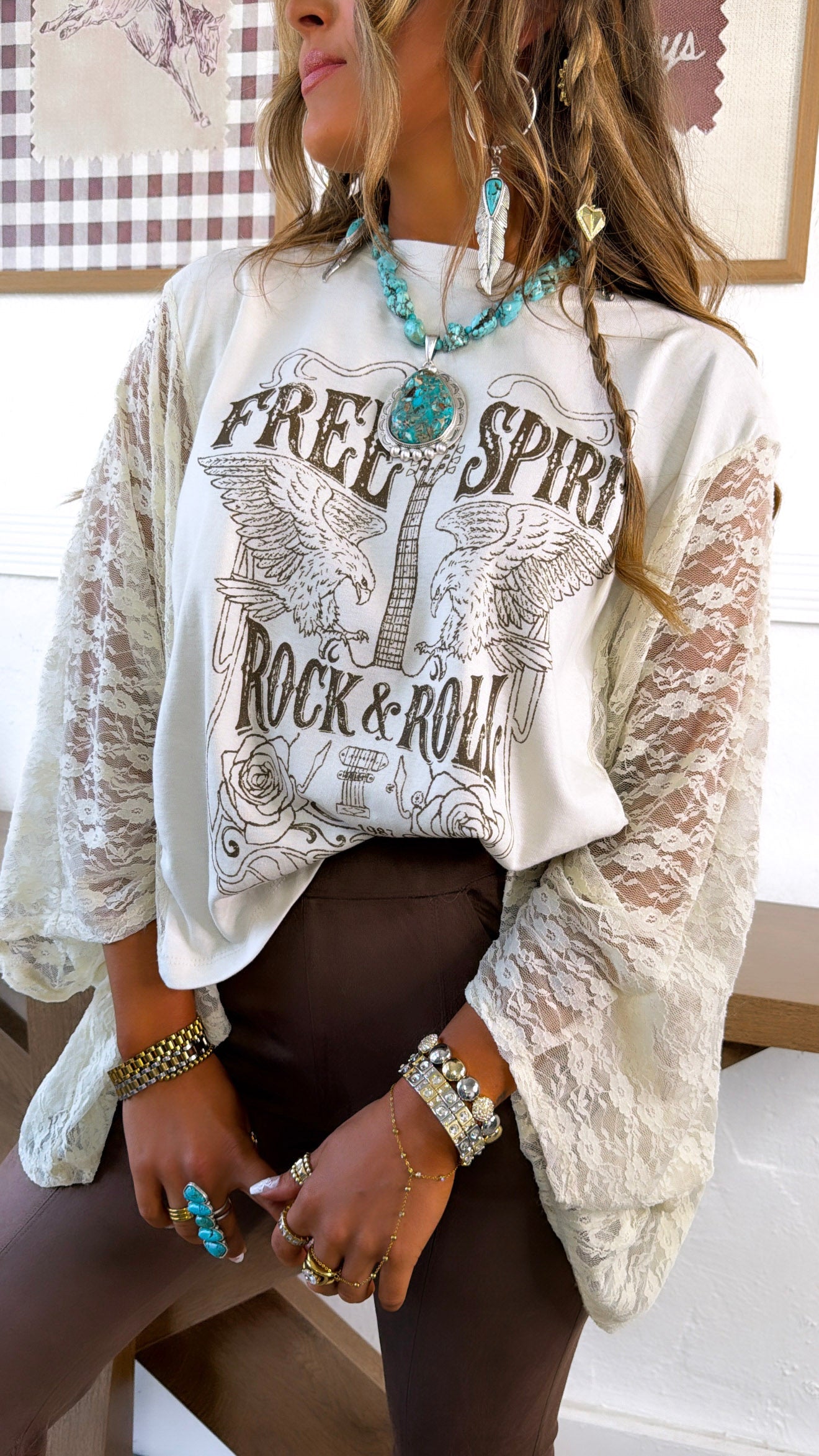 Rock & Roll Graphic Lace Sleeve Tee, Bone