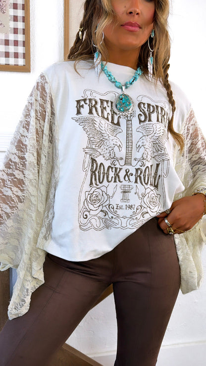 Rock & Roll Graphic Lace Sleeve Tee, Bone