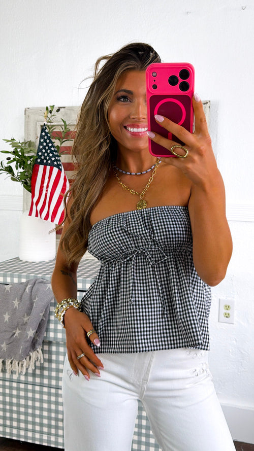 Sunset Picnic Gingham Strapless Top, Black