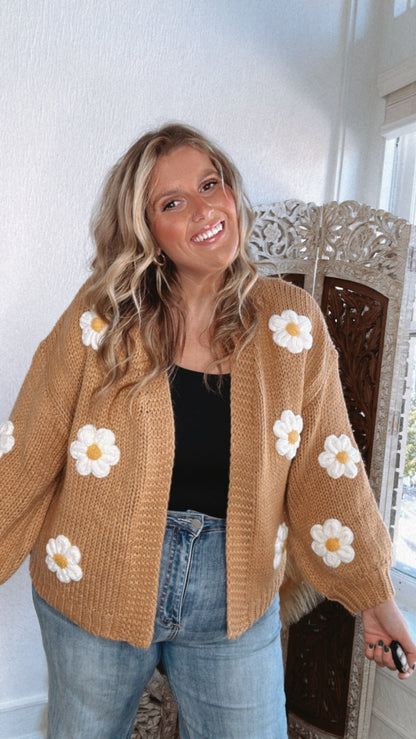 Touch Of Daisy Floral Knit Cardi, Camel