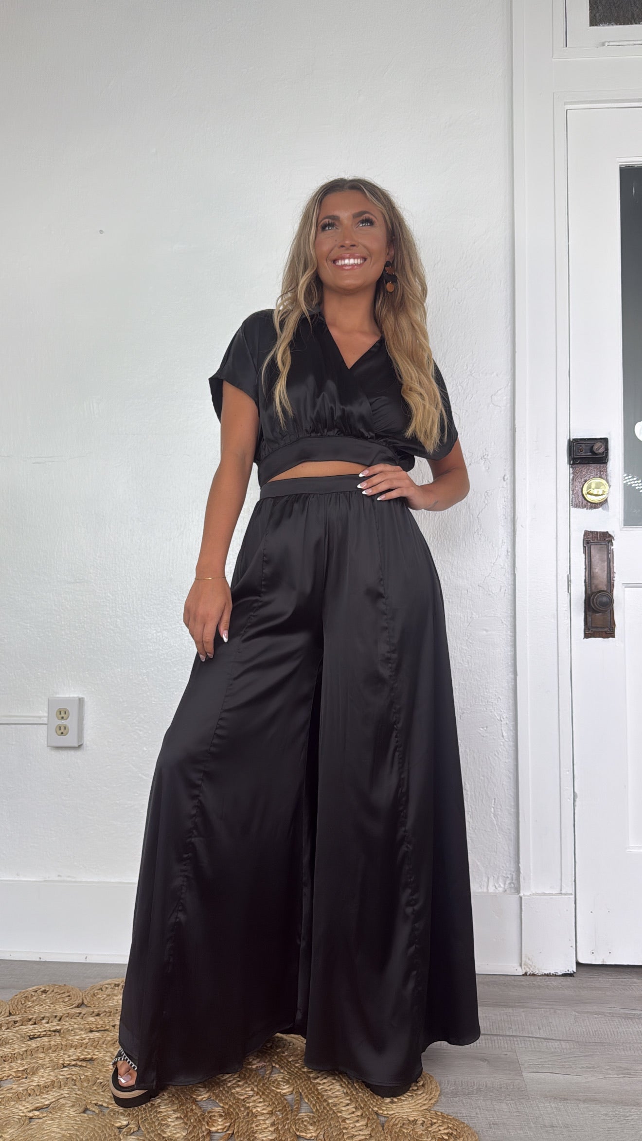 Satin Top and Pants Set, Black