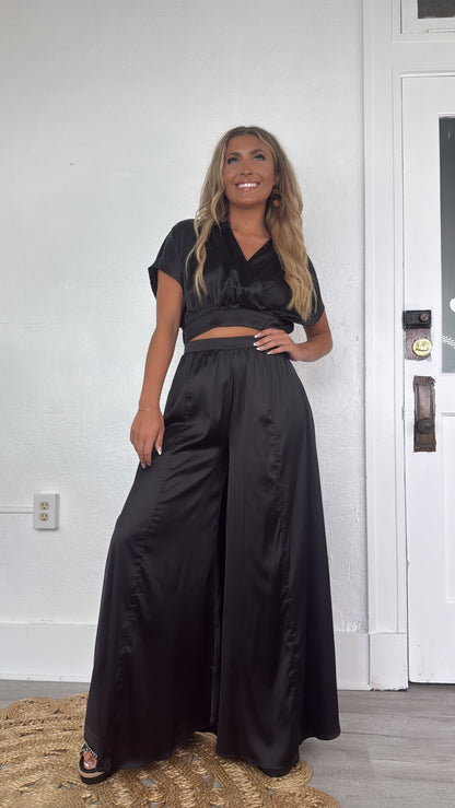 Satin Top and Pants Set, Black