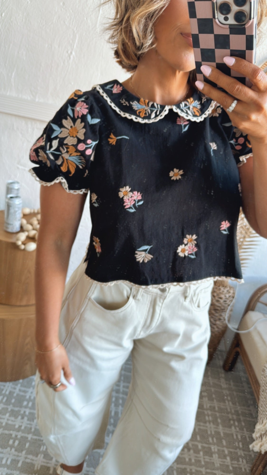 Sweet Things Embroidered Floral Puff Sleeve Top, Black