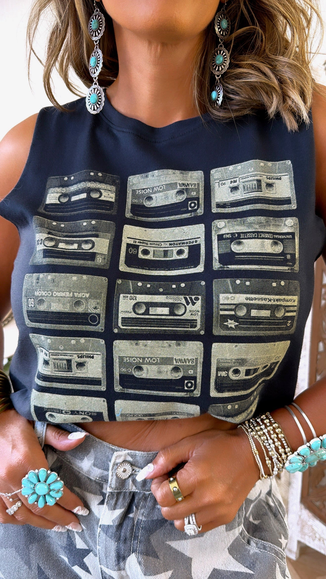 Throwback Cassette Tape Muscle Tee, Vintage Black