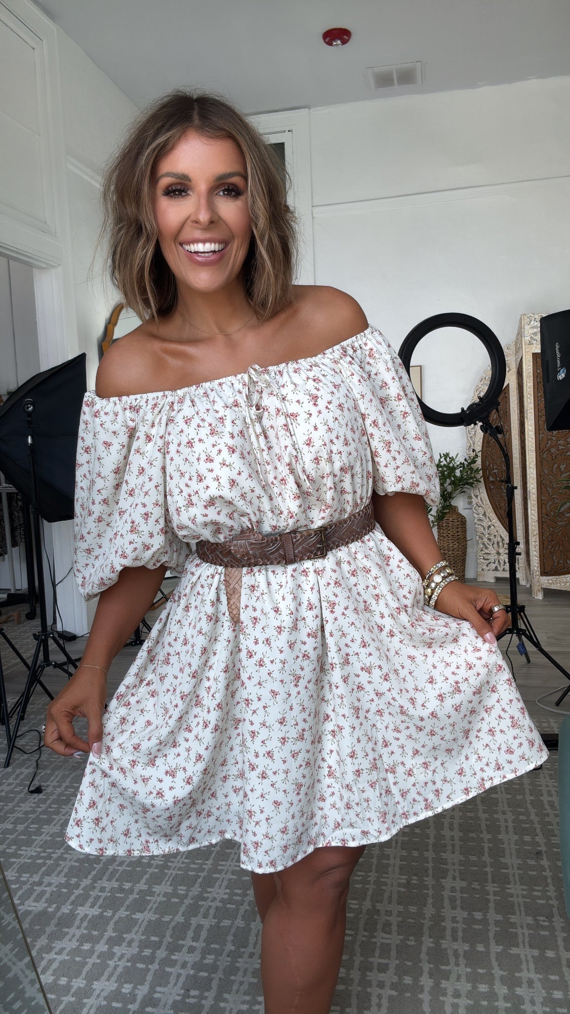 Tulip Kiss Puff Sleeve Dress, Off White/ Rose