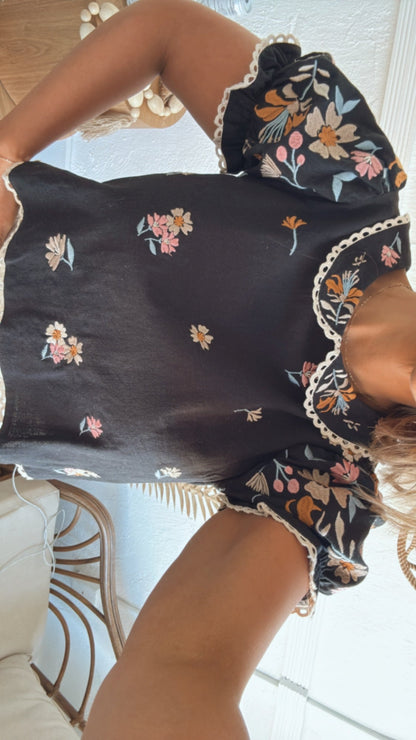 Sweet Things Embroidered Floral Puff Sleeve Top, Black