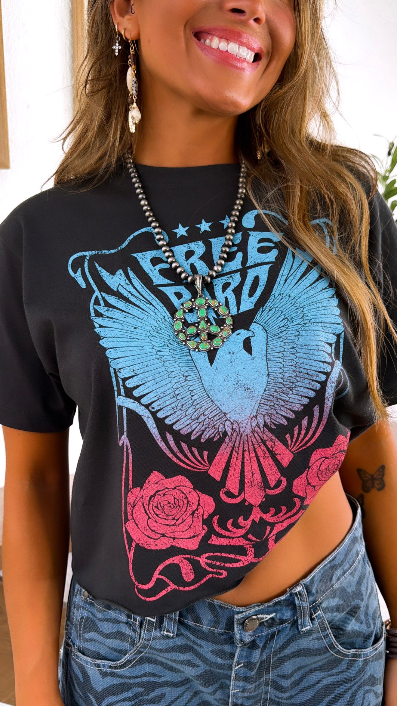 Wild Free Bird Graphic Tee, Black/ Red/Blue