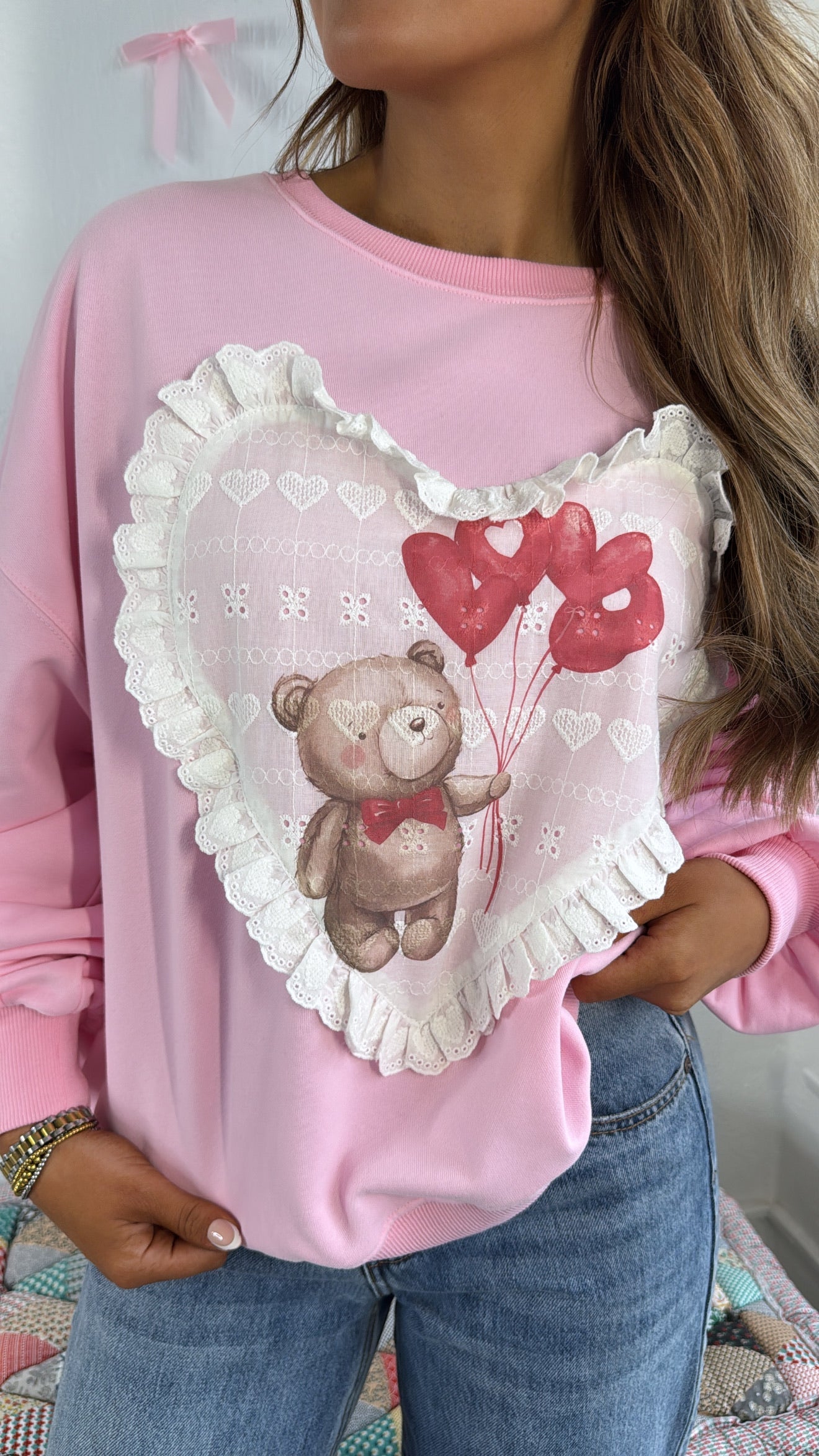 Valentines Bear Patched Sweatshirt, Pink