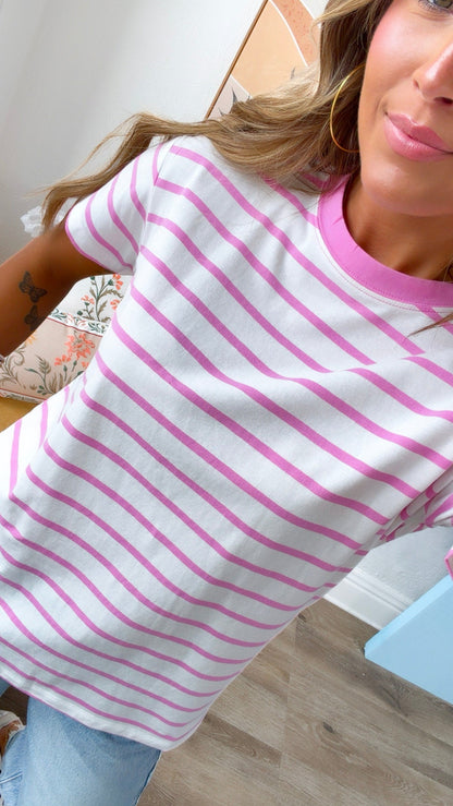 The Modern Stripe T- Shirt, Candy Pink/White