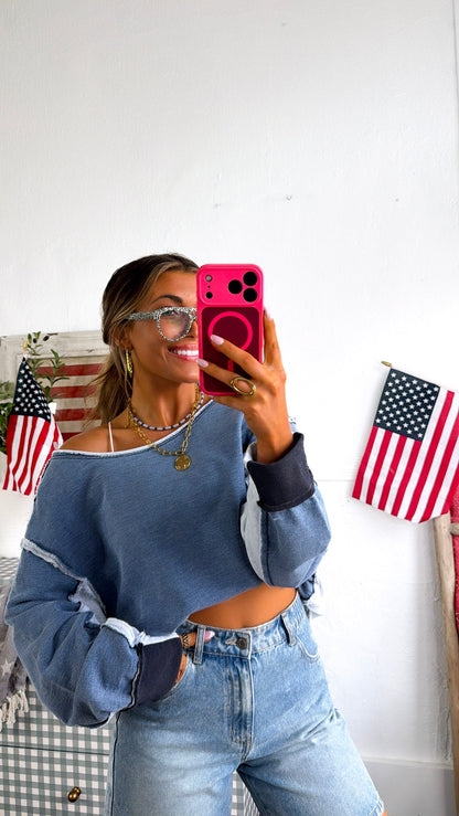 Something Simple Off The Shoulder Top, Denim Blue