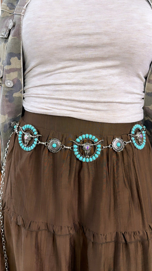 Western Turquoise Bull Skull Chain Belt