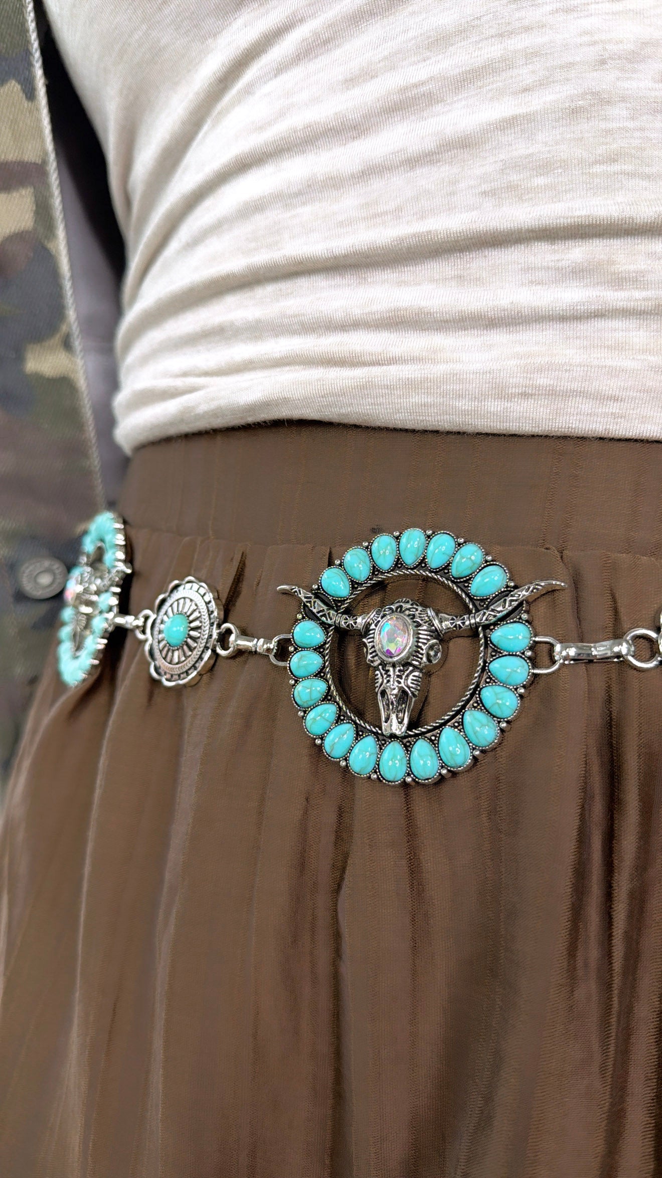 Western Turquoise Bull Skull Chain Belt