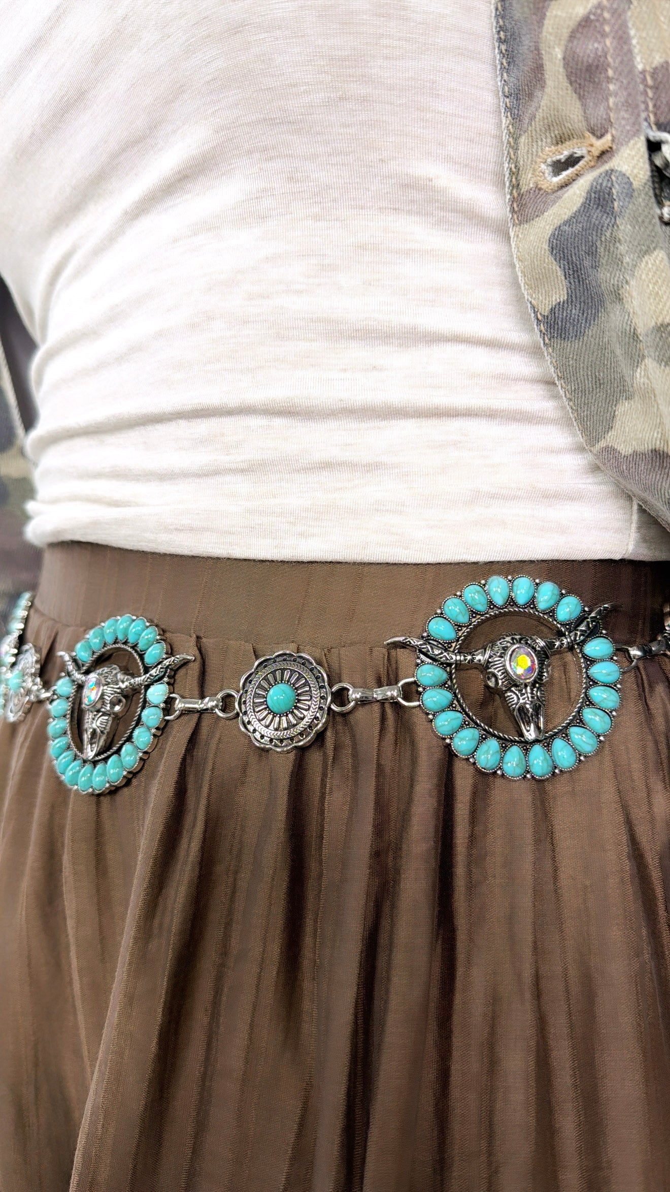 Western Turquoise Bull Skull Chain Belt