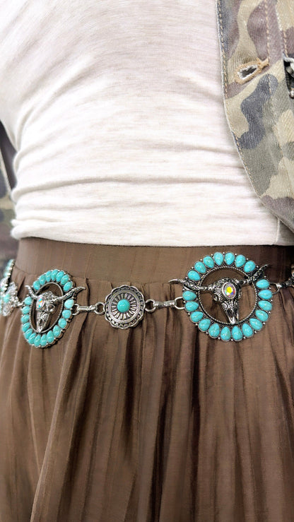 Western Turquoise Bull Skull Chain Belt
