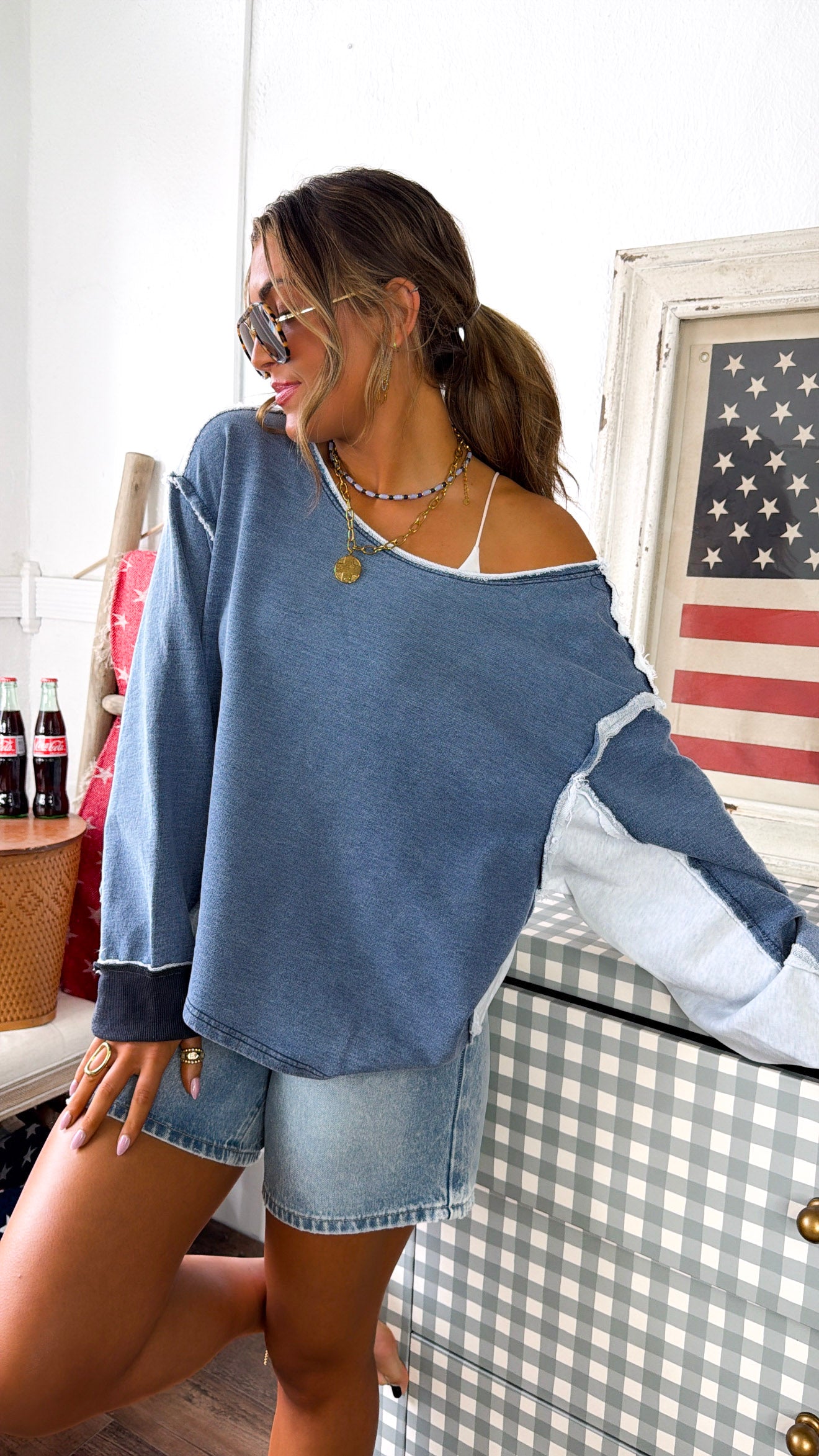 Something Simple Off The Shoulder Top, Denim Blue