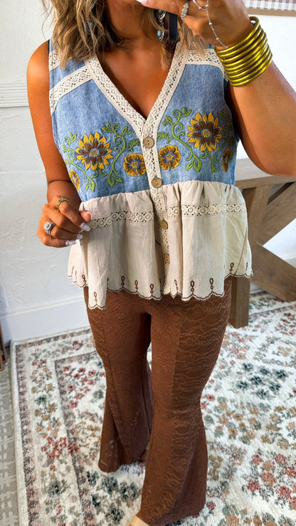 Washed Sunflower Embroidered Vest, Denim
