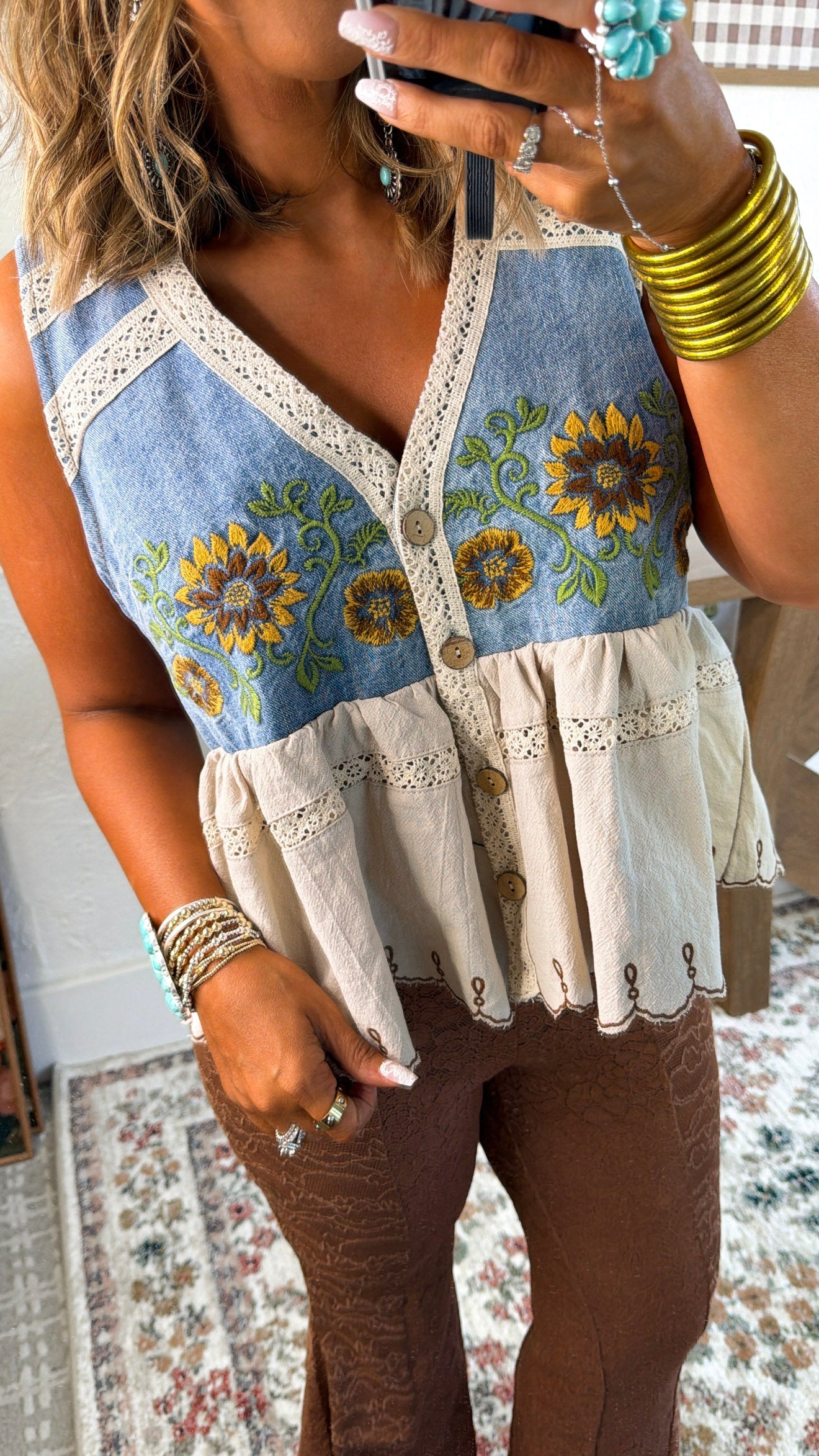 Washed Sunflower Embroidered Vest, Denim