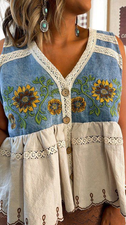 Washed Sunflower Embroidered Vest, Denim