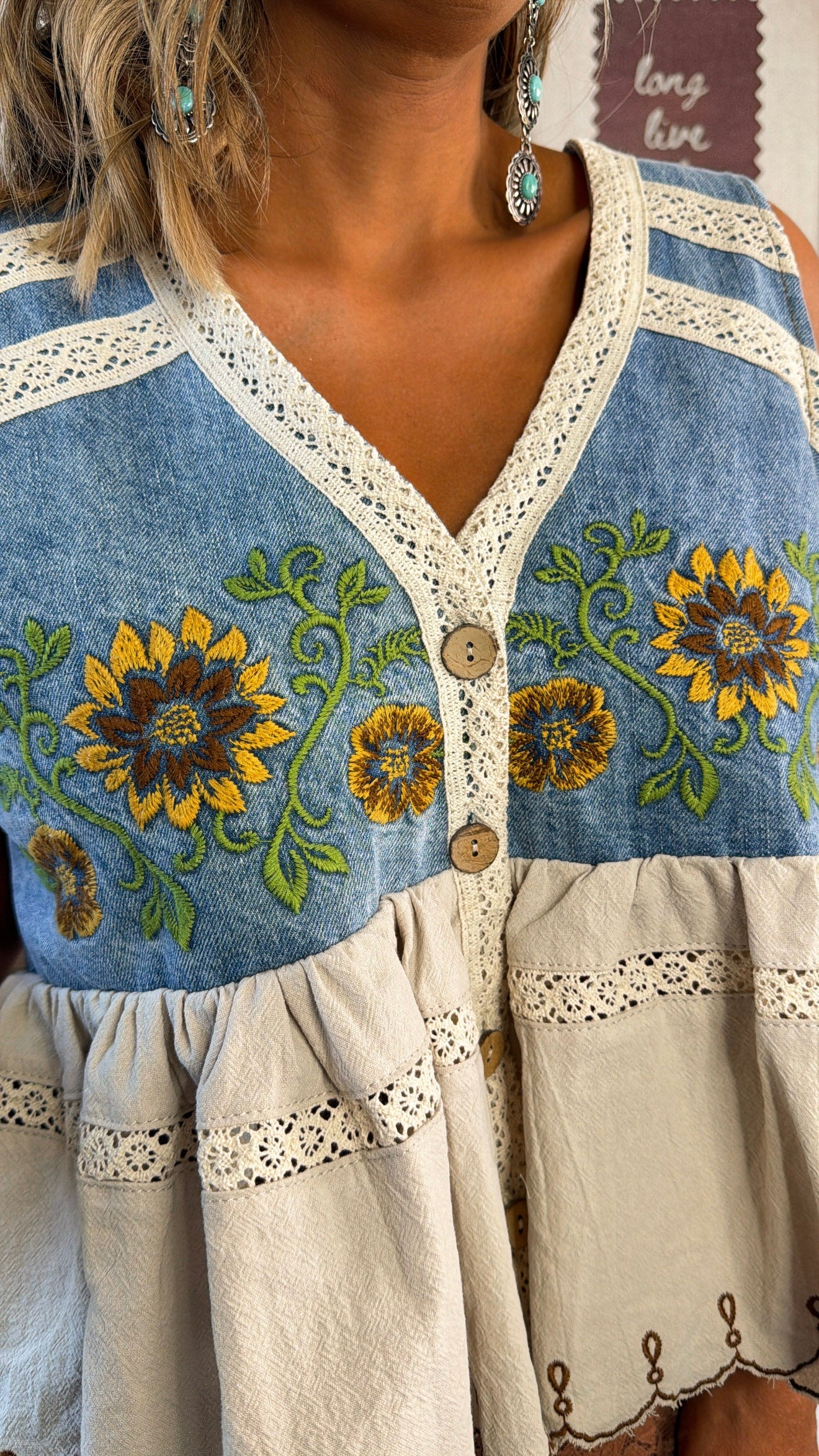 Washed Sunflower Embroidered Vest, Denim