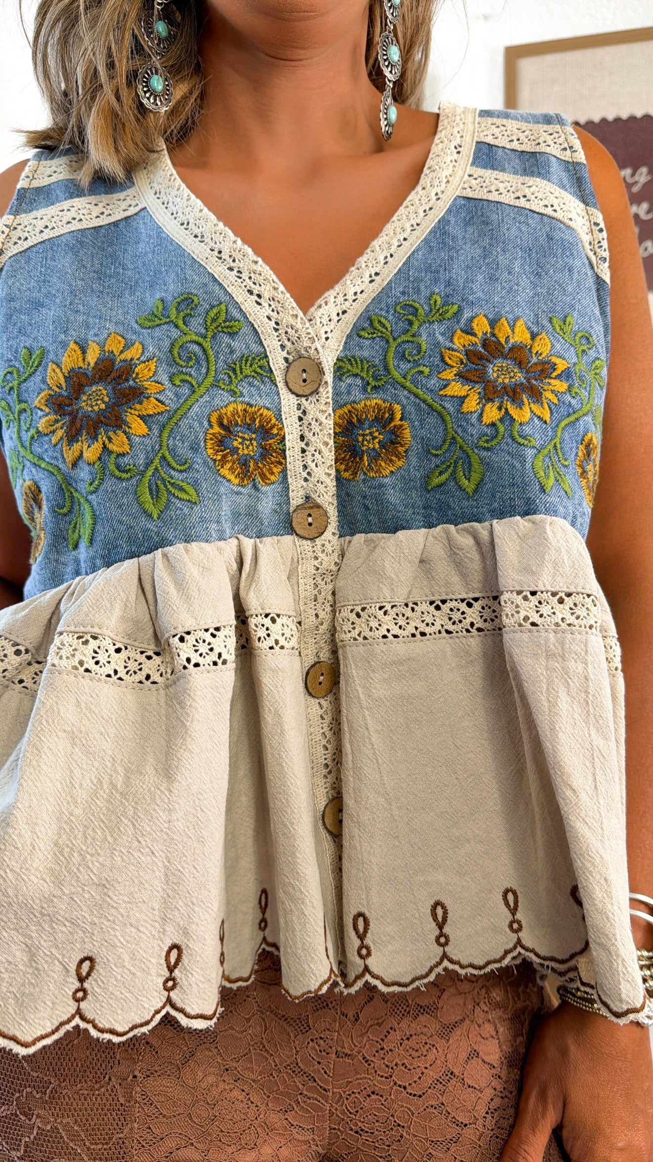 Washed Sunflower Embroidered Vest, Denim